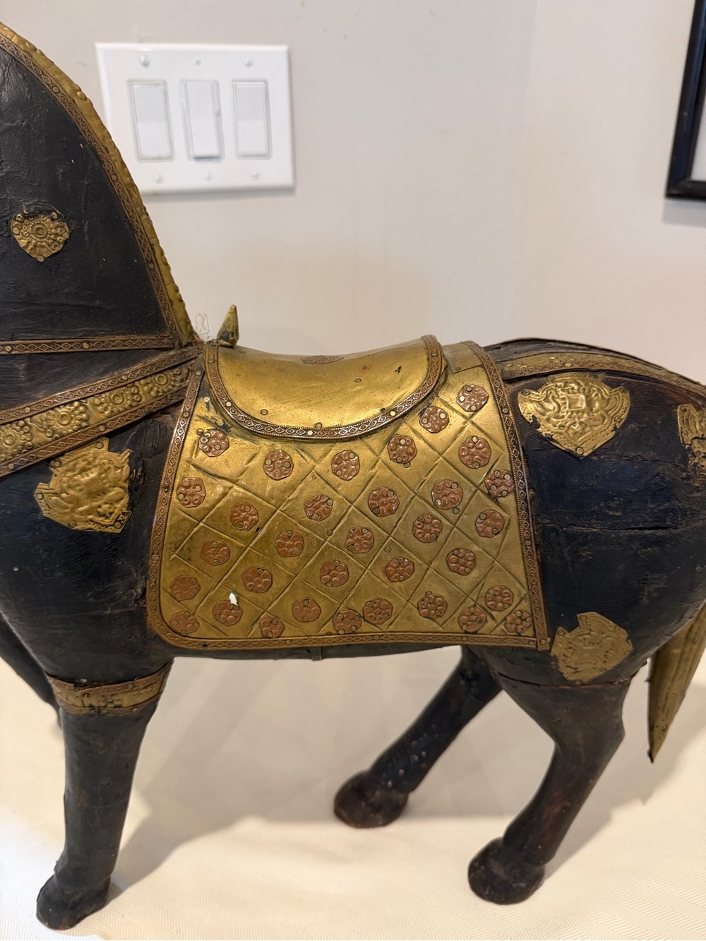 Antique Vintage Hand Carved Wood Horse Copper and Brass Overlay India - Picture 3 of 16